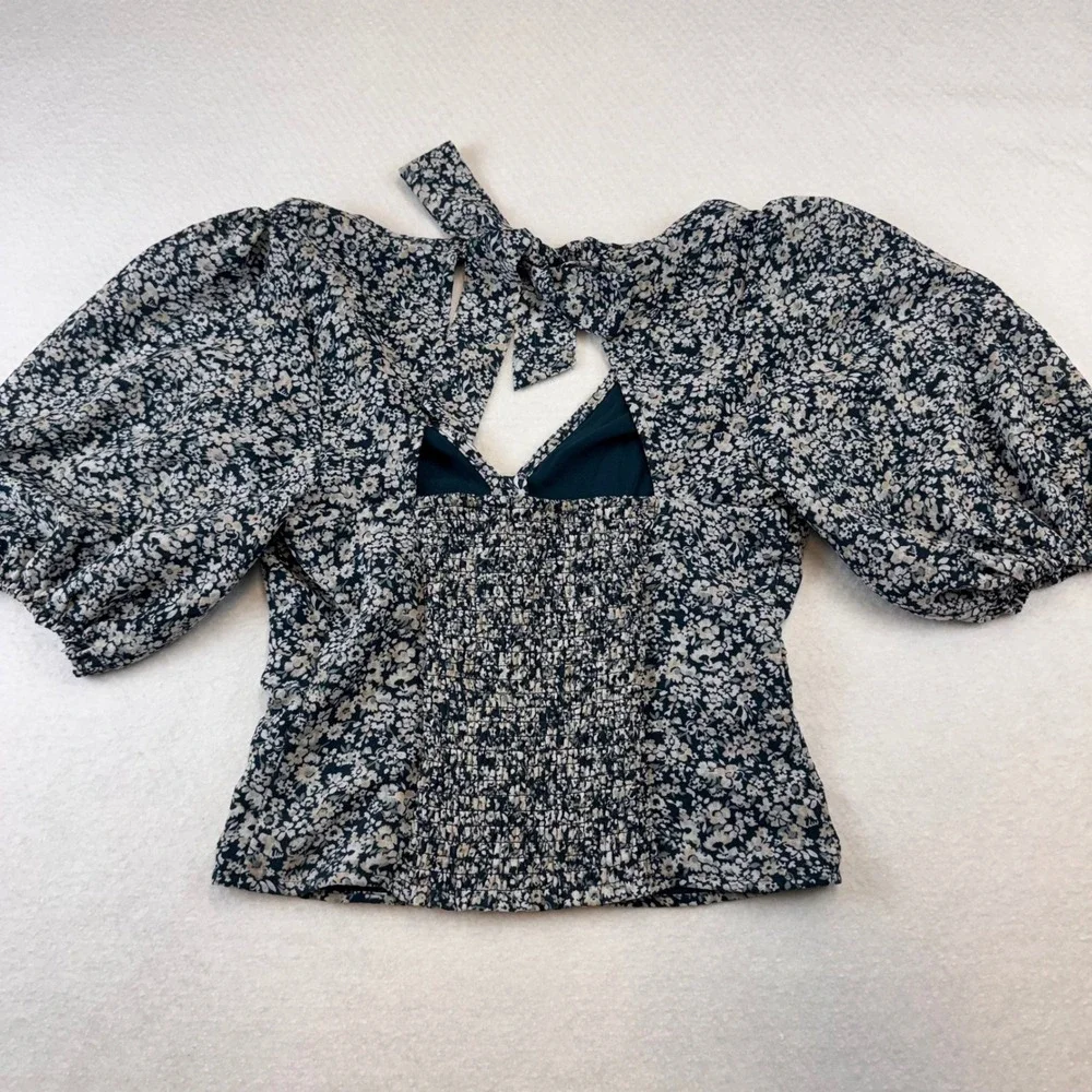 Abercrombie Fitch Floral Puff Sleeve Tie Back Blouse Top Womens M Emerald Green